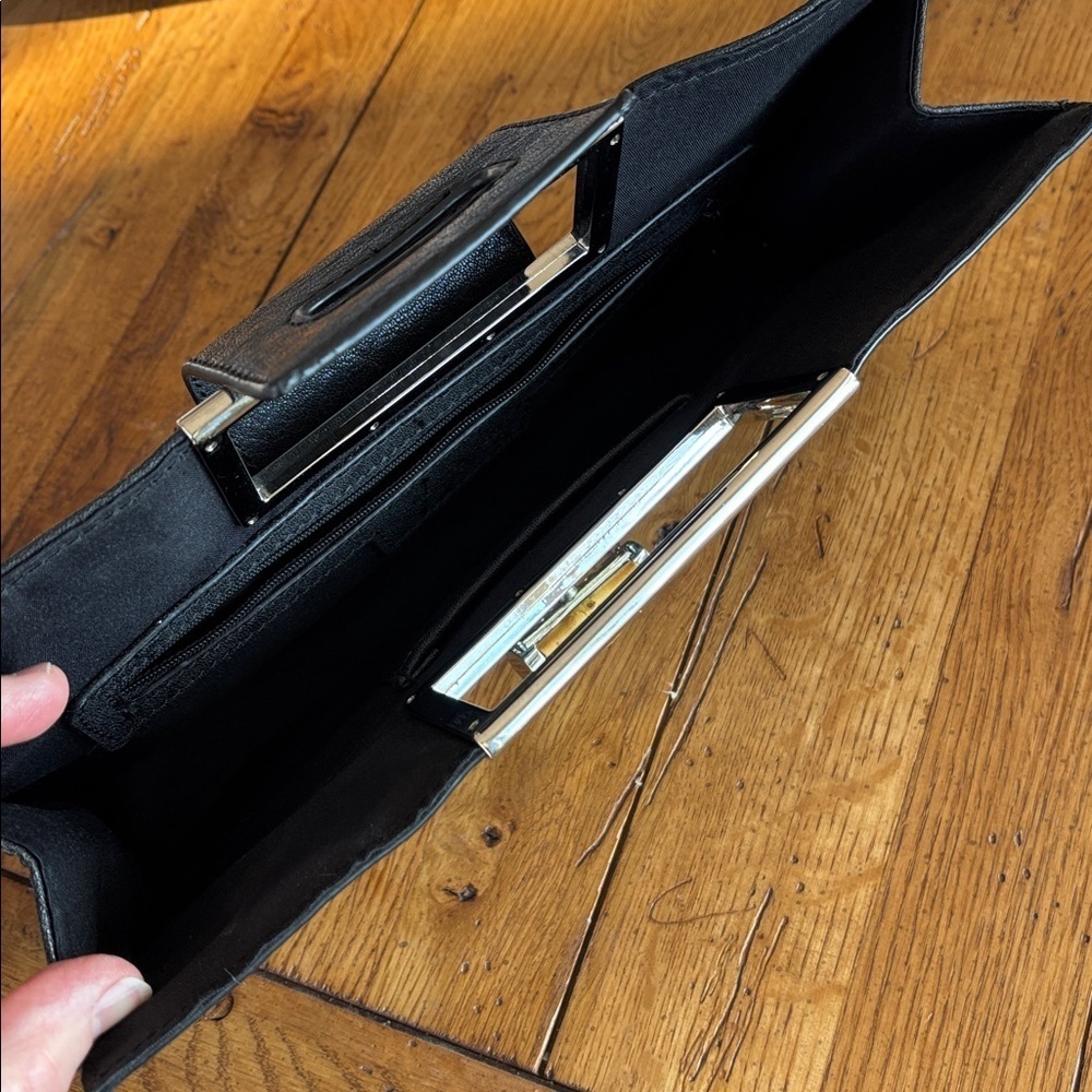 The Limited Black Leather and Woven Clutch Silver Tone Handle Toggle Close Bag - Picture 5 of 11